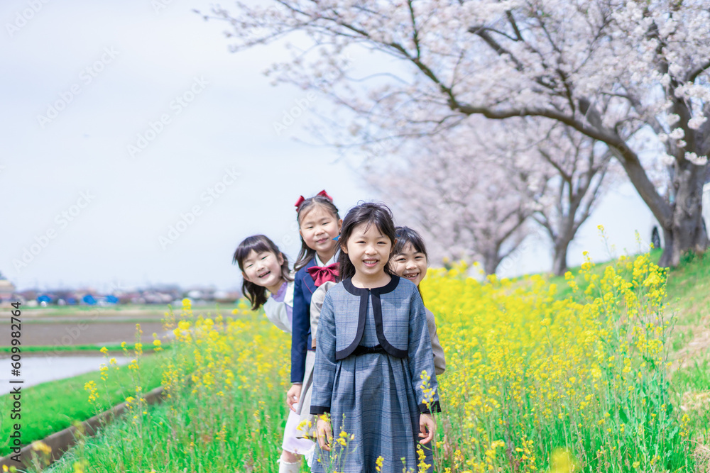 Fototapeta premium お花畑で仲良く遊ぶ小学生の女の子
