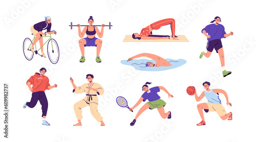 Different physical activities, do sports set. People cycling, jogging, swimming, exercising, playing tennis, basketball, running. Flat graphic vector illustrations isolated on white background