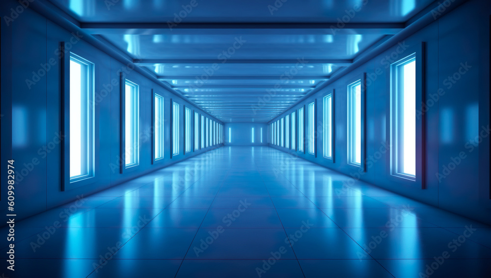 3D render. Futuristic corridor interior with glowing lights and reflections Generative AI