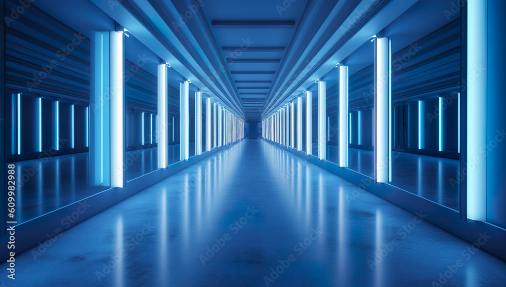 Fototapeta premium Futuristic corridor with blue neon lights, 3D render illustration Generative AI