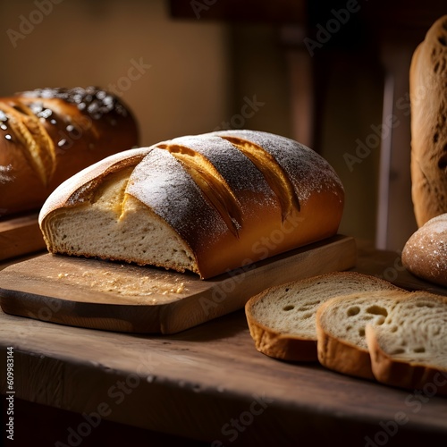 photography picture of a fresh bread close the oven in bakery ,created with generative AI technology and some of them have been modified using photoshop.
