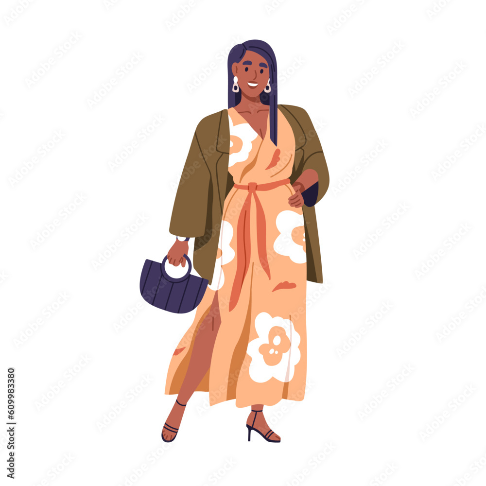 Attractive black woman in elegant outfit, wearing dress, blazer, accessories. Happy beautiful girl in party apparel with purse, earrings. Flat graphic vector illustration isolated on white background