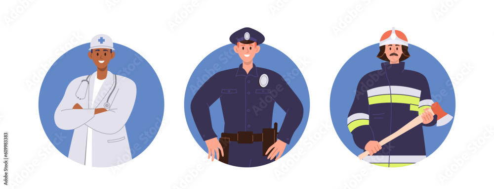 Fototapeta premium Composition set with doctor, policeman and firefighter people characters life saving professions