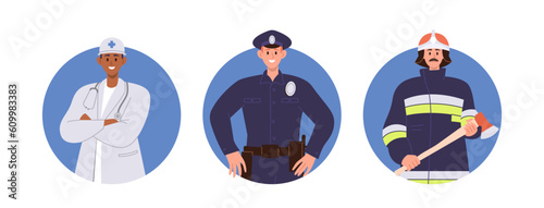 Composition set with doctor, policeman and firefighter people characters life saving professions