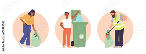 Round composition with cartoon people volunteer characters cleaning street from garbage and waste