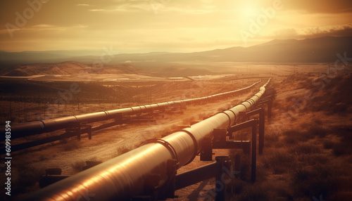 Sunset over mountain range, pipeline transporting fossil fuel outdoors generated by AI