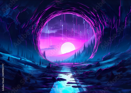 Fantasy landscape with a road in a dark cave. Vector illustration. Generative AI