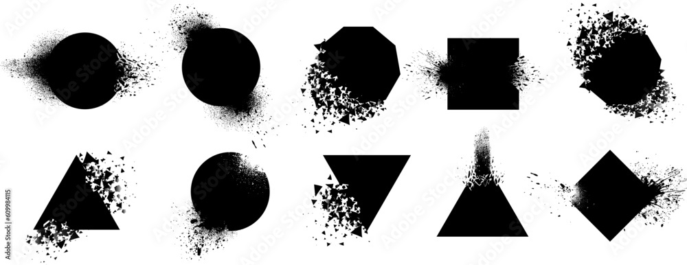 Exploded frame with spray particles. Explosion destruction, shattered ...