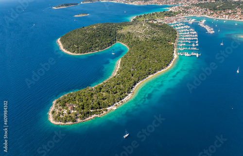 Fototapeta Naklejka Na Ścianę i Meble -  Aerial panoramic view of yachts at Marina Frapa resort in Rogoznica, Croatia