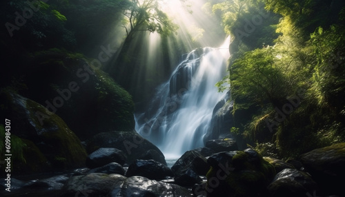 Tranquil scene of flowing water in natural beauty of forest generated by AI © djvstock