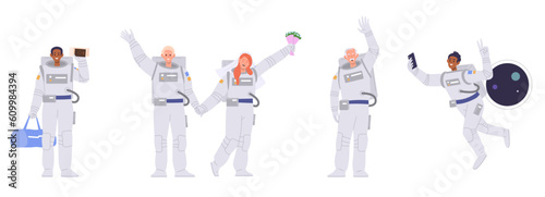 Set of cartoon astronaut and cosmonaut in spacesuit people characters in various action and emotions