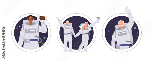 Composition set of female and male cosmonaut characters celebrating successful outer space travel