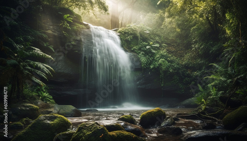 Tranquil scene of flowing water in tropical rainforest  beauty in nature generated by AI