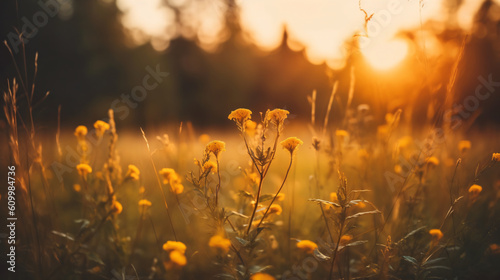 Yellow flowers with sunset on field  photo