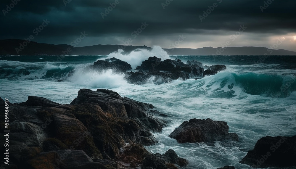 Breaking waves crash against rocky coastline under dramatic sky generated by AI