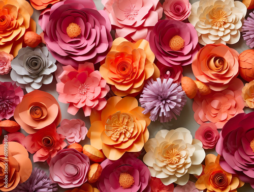 Colorful paper flowers as background, top view. Floral pattern. Generative AI © CreativeCanvas