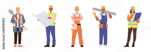 Set of builders, technicians, engineers and industrial workers cartoon people characters in uniform