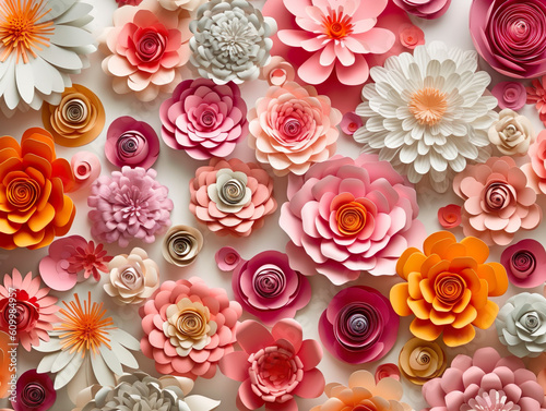 Colorful paper flowers as background, top view. Floral pattern. Generative AI