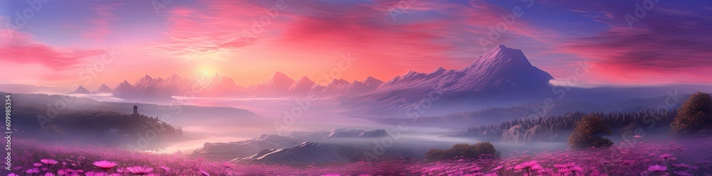 Colorful mountain scene with the setting sun