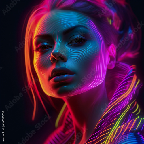 3D rendering of a female face with blue and pink neon lights. Generative AI