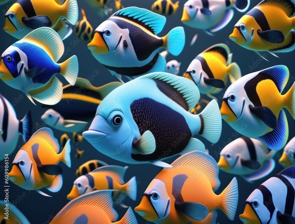 Group of colorful fishes on dark background Created with Generative AI technology