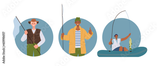 Round composition set of happy satisfied fisherman catching fish using different accessory supplies