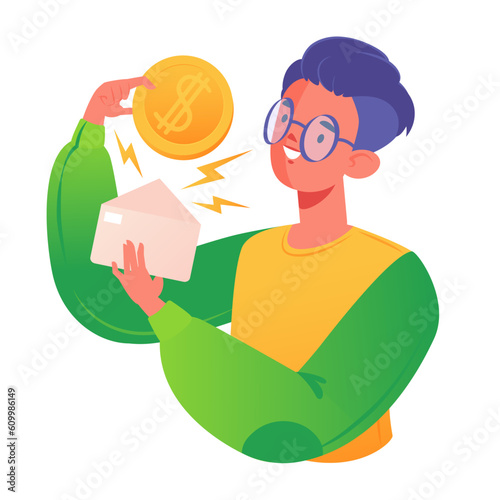 Young man received his salary, money transfer metaphora, holding an envelope and shiny gold coin with dollar symbol. Business and finance theme. Concept of career, salary, earning profits, increasing. photo