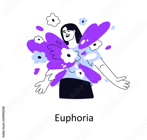 Euphoria, pleasure, excitement emotions. Happy excited girl feeling happiness, bliss, wellbeing. Joyful cheerful woman in positive mood. Flat graphic vector illustration isolated on white background