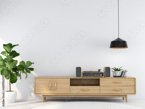 living room interior with wooden sideboard 3D rendering