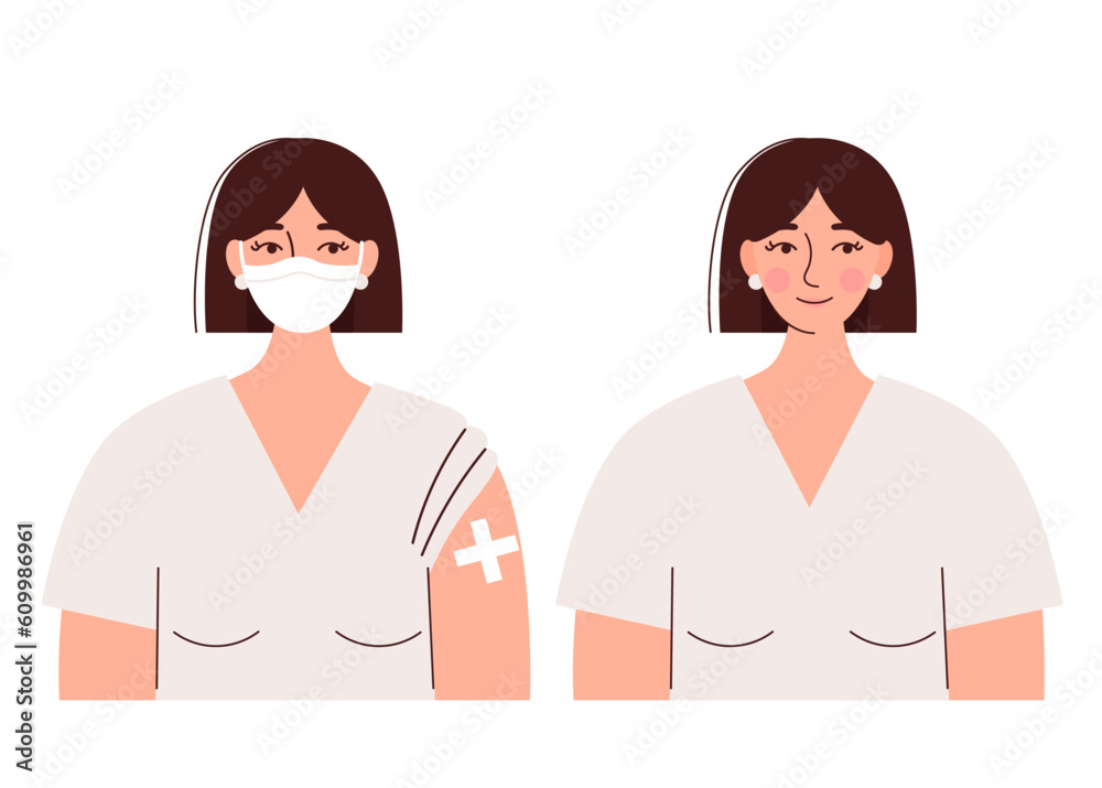 Vaccination of people.Young woman in a medical mask with a band-aid on her hand.Protection of people from coronavirus and other viruses, epidemics.Flat vector illustration isolated on white background