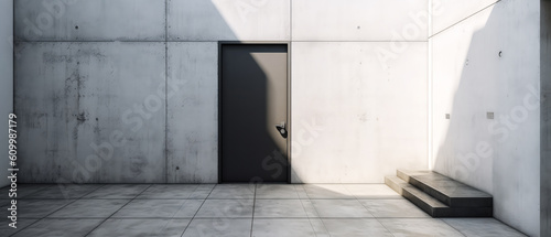 Empty industrial location with  door entrance. Large concrete walls.Urban backyard. emergency exit. Loft style exterior mockup with copy space. Generative ai © Inai