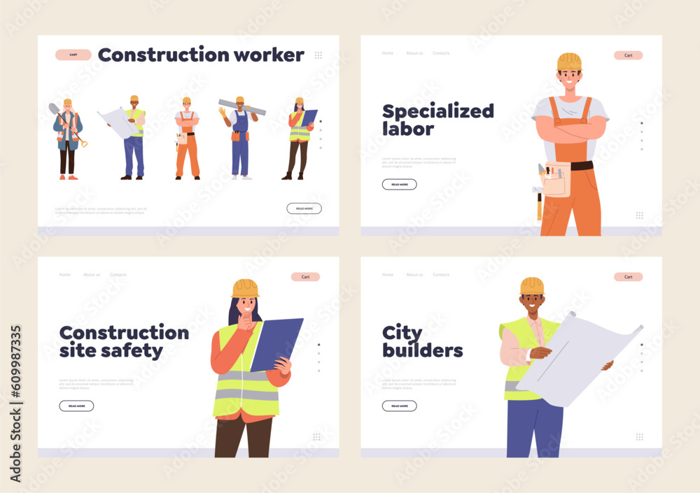 Landing page set for online service offering specialized labor of professional construction worker