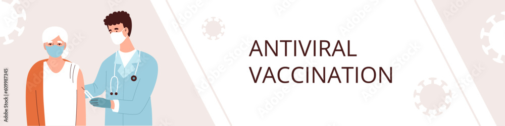 The doctor gives the vaccine to an elderly woman. Vaccination and health care for the elderly during the coronavirus pandemic, antiviral medicine. Banner template.Flat vector illustration