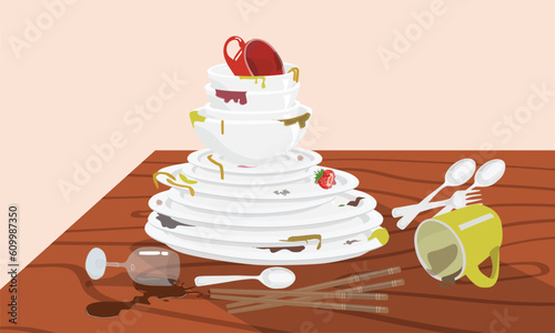 Stack of dirty dishes on wood table. Pile of unwashed dishes with food stain. White kitchen household cutlery before being washed. Detergent label design template. Flat vector  in cartoon style.