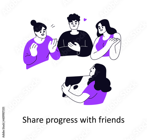 Sharing progress, success with friends for support and appreciation. Recognition, admiration, praise concept. Showing achievements. Flat graphic vector illustration isolated on white background