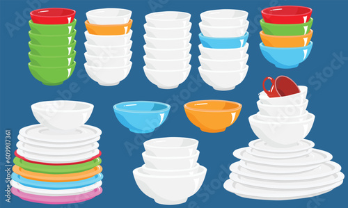 White and multicolor ceramic dishes stack on wood table vector illustration. Flat vector isolated. White dishes stack clipart, multicolor bowl stack clipart in cartoon style. Pile of dishes vector.
