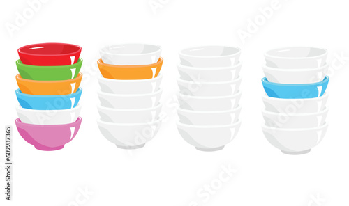 White and multicolor ceramic bowl stack on wood table vector illustration. Flat vector isolated on white. White bowl stack clipart, multicolor bowl stack clipart in cartoon style. Pile of bowl vector
