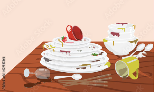 Stack of dirty dishes on wood table. Pile of unwashed dishes with food stain. White kitchen household cutlery before being washed. Detergent label design template. Flat vector  in cartoon style.