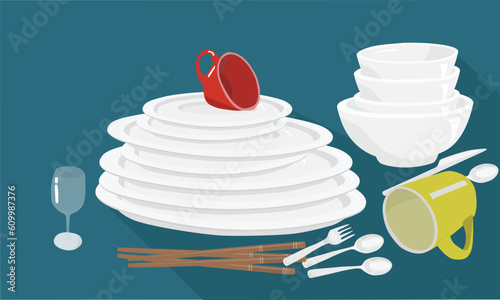 White ceramic bowl and plate stack vector set. Kitchen household concept. Pile of bowl and plate. Clean dishes vector set isolated on dark background. Pile of dishes. Dishes stack. White dishes.
