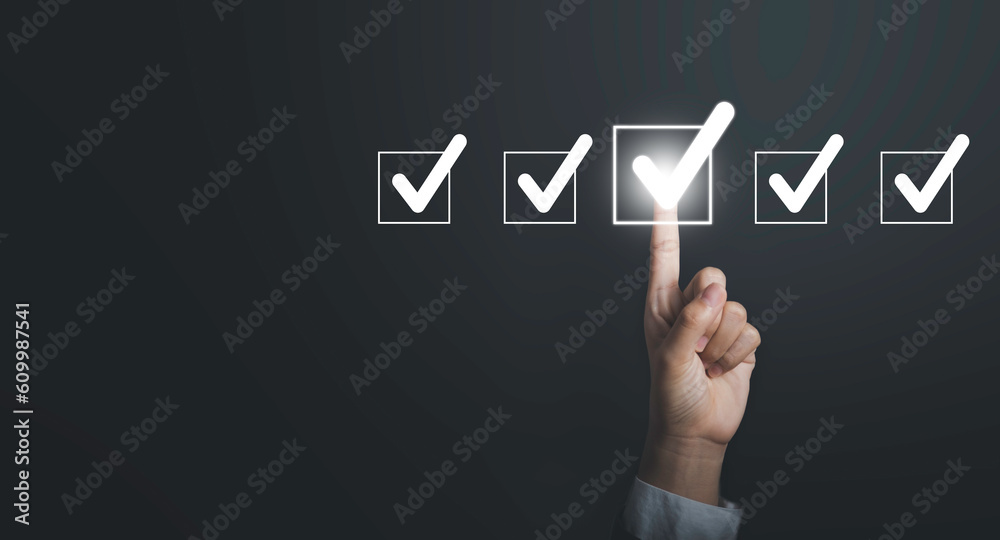 Performance checklist template for employees or check box questionnaire survey.  businessman using laptop doing online checklist, filling out digital form checklist. Business management goal strategy. - obrazy, fototapety, plakaty 