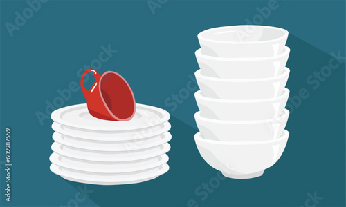 White ceramic bowl and plate stack vector set. Kitchen household concept. Cutlery vector set. Pile of bowl and plate. Clean dishes vector set isolated on dark background. Pile of dishes. Dishes stack.