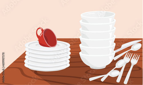 White ceramic bowl and plate stack on wood table vector illustration set. Kitchen household concept. Cutlery vector set. Pile of bowl and plate. Clean dishes set. crockery set