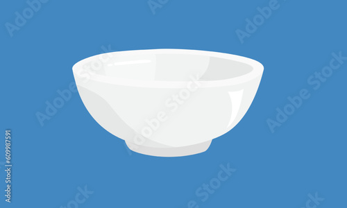 White ceramic bowl vector illustration. Flat vector isolated on blue background. White bowl clipart in cartoon style. Crockery set.