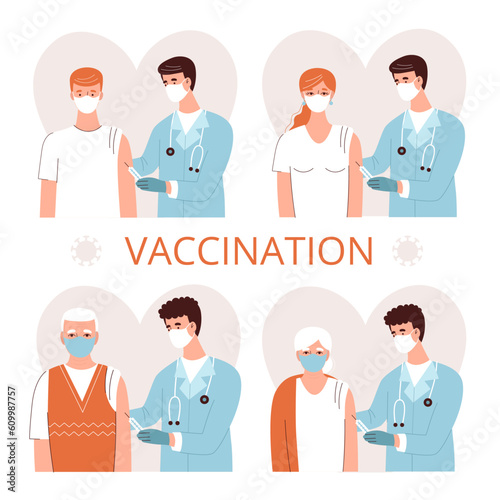 Vaccination of different people. The doctor puts the vaccine on young and old men and women. Set of flat vector illustrations on the topic of coronavirus prevention