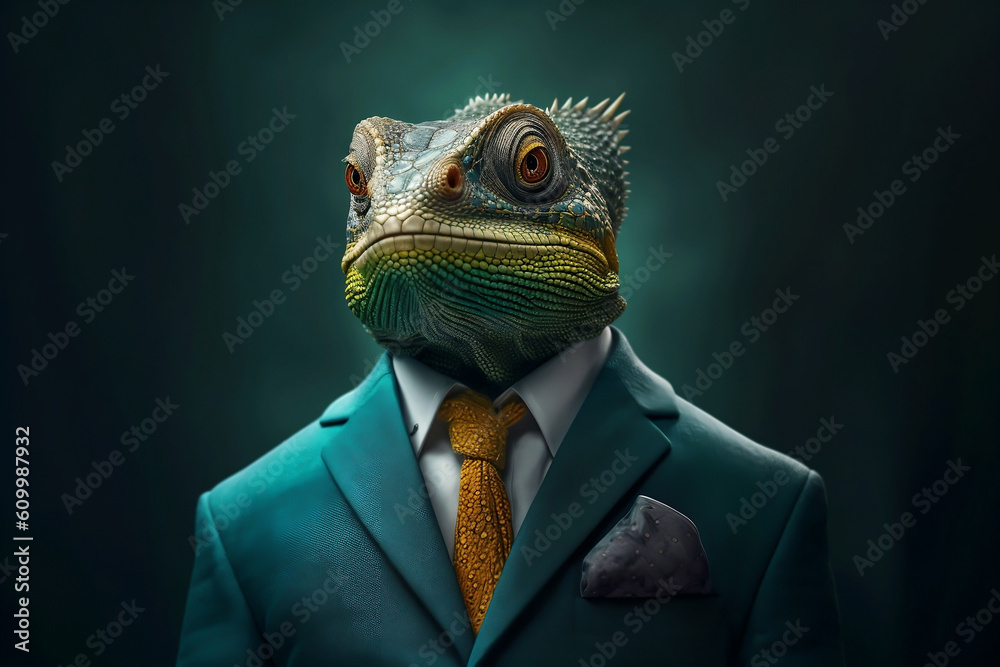 Portrait of a Chameleon dressed in a formal business suit, created with generative AI Portrait of a Chameleon dressed in a formal business suit, created with generative AI