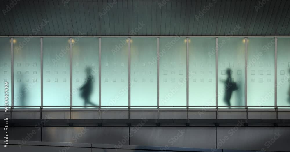 The silhouettes of people walking behind frosted glass in a train station in Tokyo. This video loops seamlessly.