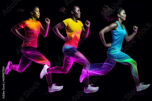 Women sporting vibrant rainbow workout attire; concept of LGBT pride, LGBTQ people, LGBTQ rights campaign. Created with Generative AI technology