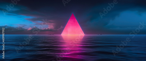 3D illustration of a pyramid in the sea at sunset. 3D rendering. Generative AI