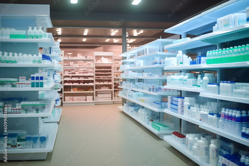 Medicines arranged on shelves, pharmacy pharmacy retail store. Interior blurred abstract background with healthcare products in glass showcase with neon lights.. 