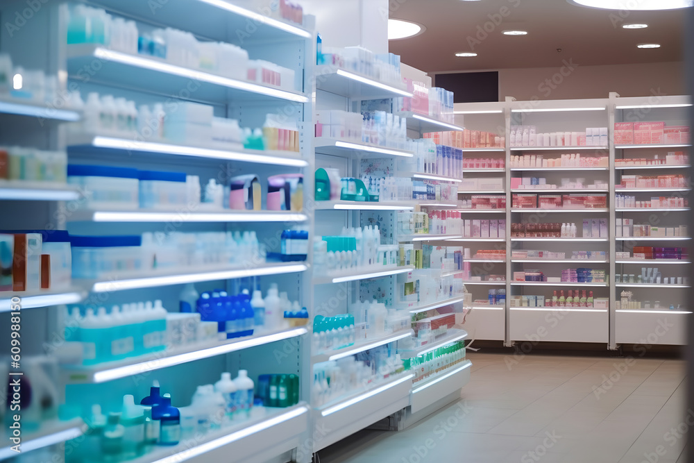 Medicines arranged on shelves, pharmacy pharmacy retail store. Interior blurred abstract background with healthcare products in glass showcase with neon lights.. 